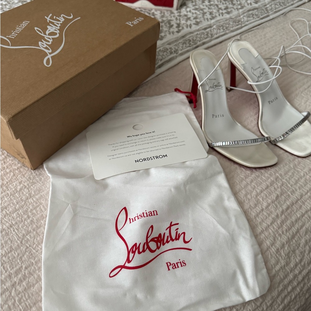 Christian Louboutin Ivory Satin Slingback Heels with Crystal Toe Strap